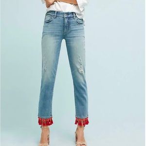 Anthropologie Pilcro Letterpress Boyfriend Crop Red Tassel Hem Jean